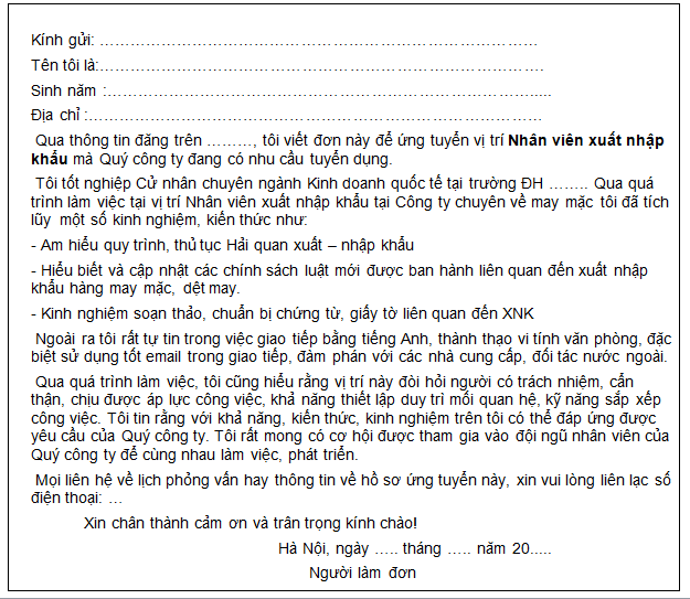 mẫu cover letter tiếng Việt - thư xin việc