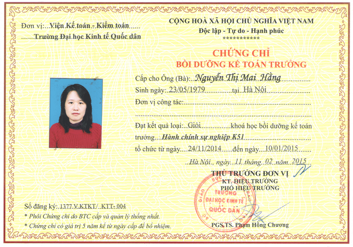 Chứng chỉ kế to&aacute;n trưởng Đại học Kinh tế