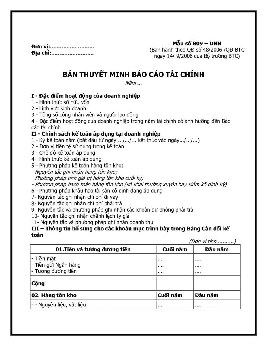 Mẫu thuyết minh B&aacute;o c&aacute;o t&agrave;i ch&iacute;nh theo quyết định 48