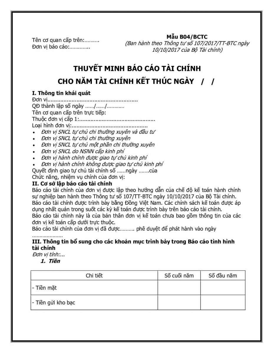 Mẫu thuyết minh B&aacute;o c&aacute;o t&agrave;i ch&iacute;nh theo th&ocirc;ng tư 107
