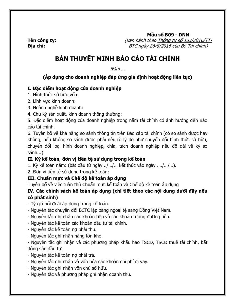 Mẫu thuyết minh B&aacute;o c&aacute;o t&agrave;i ch&iacute;nh theo th&ocirc;ng tư 133