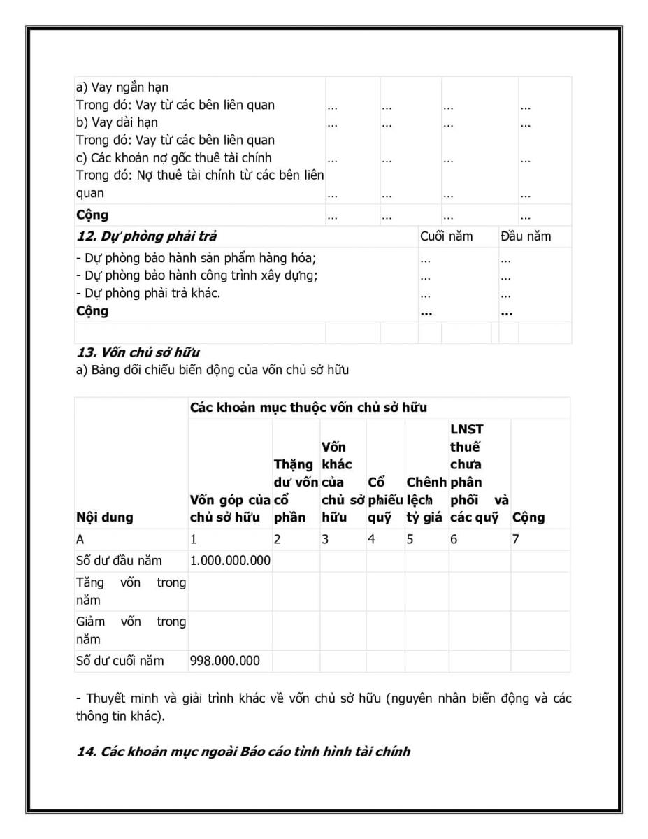 Mẫu thuyết minh B&aacute;o c&aacute;o t&agrave;i ch&iacute;nh theo th&ocirc;ng tư 133