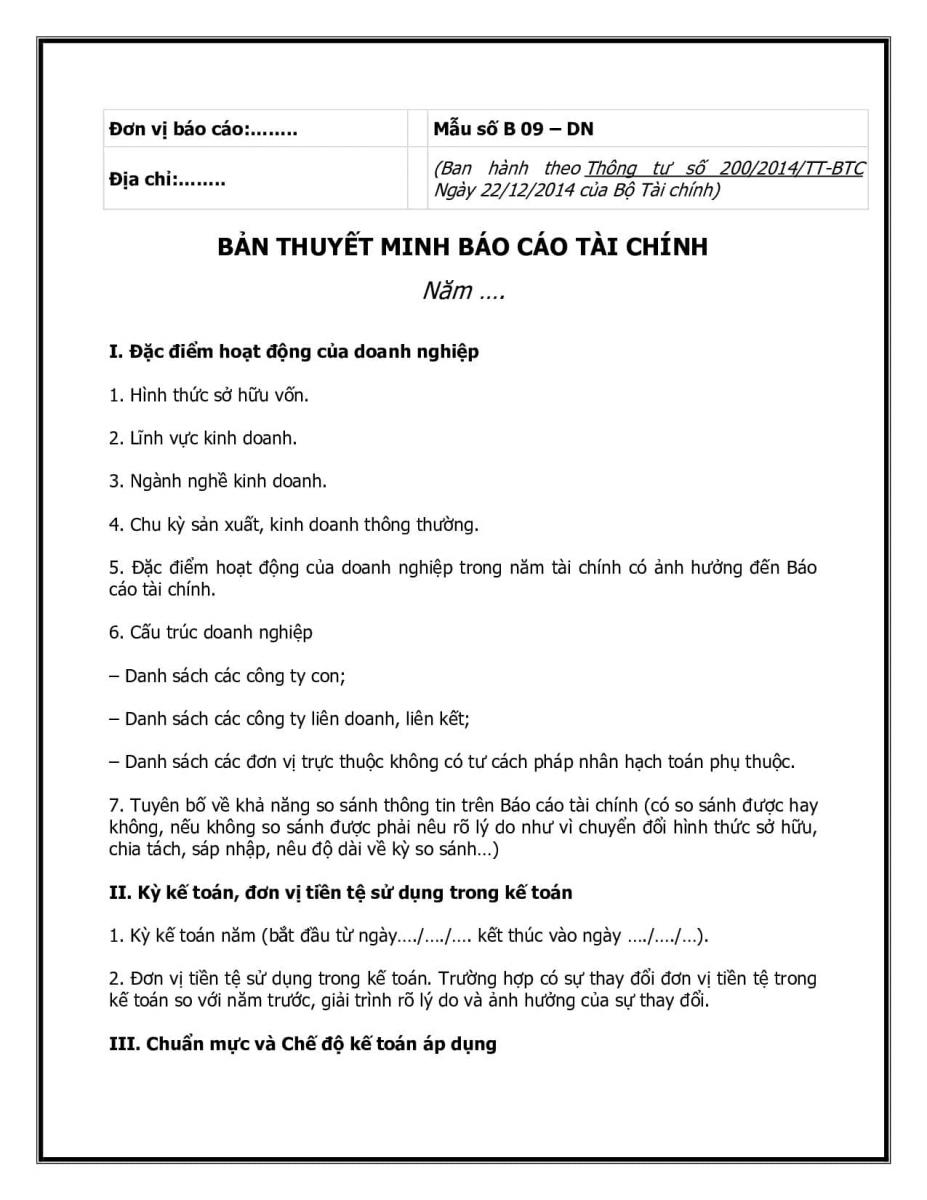 Mẫu thuyết minh B&aacute;o c&aacute;o t&agrave;i ch&iacute;nh theo th&ocirc;ng tư 200