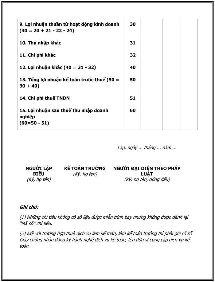 b&aacute;o c&aacute;o kết quả kinh doanh theo th&ocirc;ng tư 133