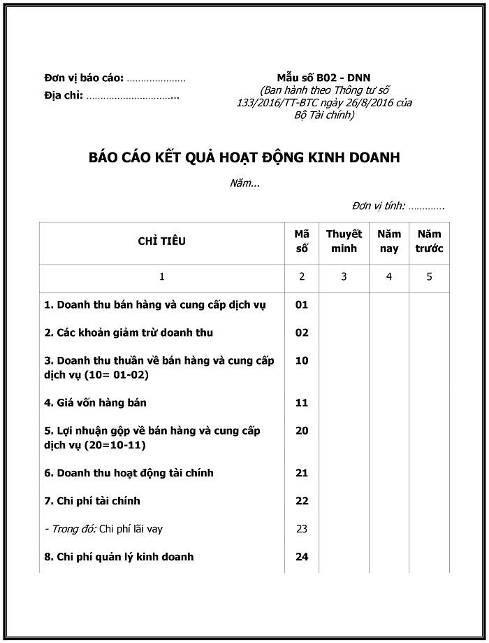 b&aacute;o c&aacute;o kết quả kinh doanh theo th&ocirc;ng tư 133 