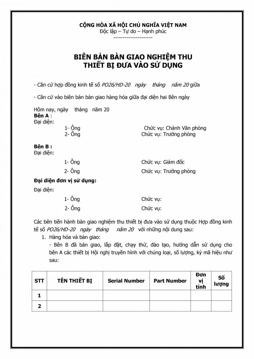 Mẫu bi&ecirc;n bản nghiệm thu thiết bị đưa v&agrave;o sử dụng