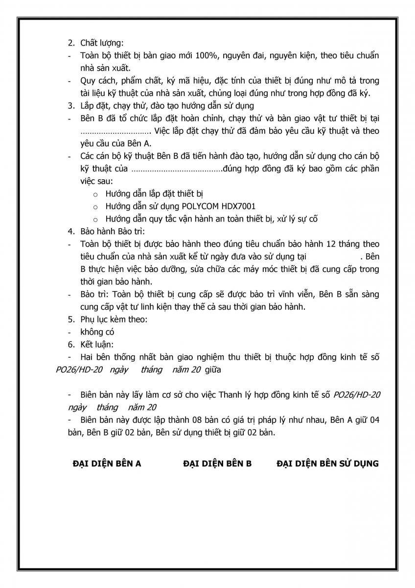 Mẫu bi&ecirc;n bản nghiệm thu thiết bị đưa v&agrave;o sử dụng