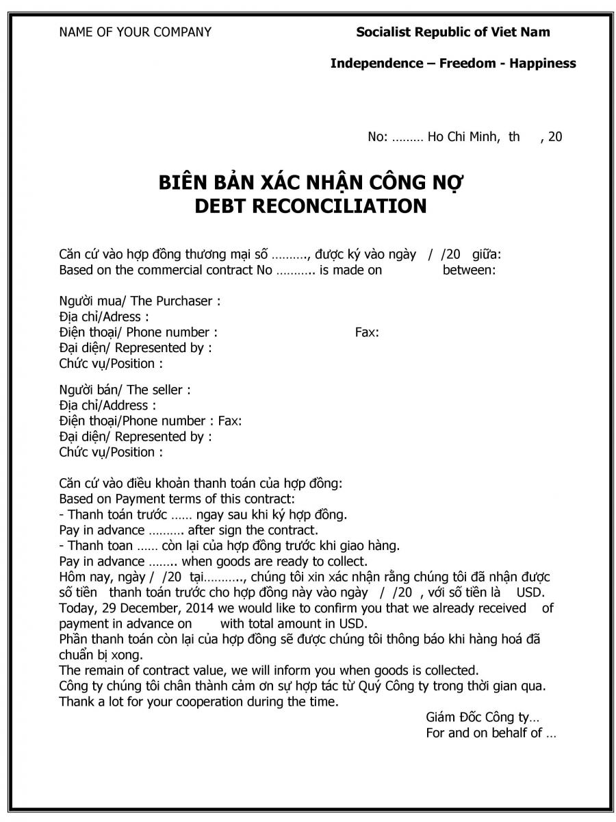 Mẫu bi&ecirc;n bản đối chiếu c&ocirc;ng nợ tiếng anh 