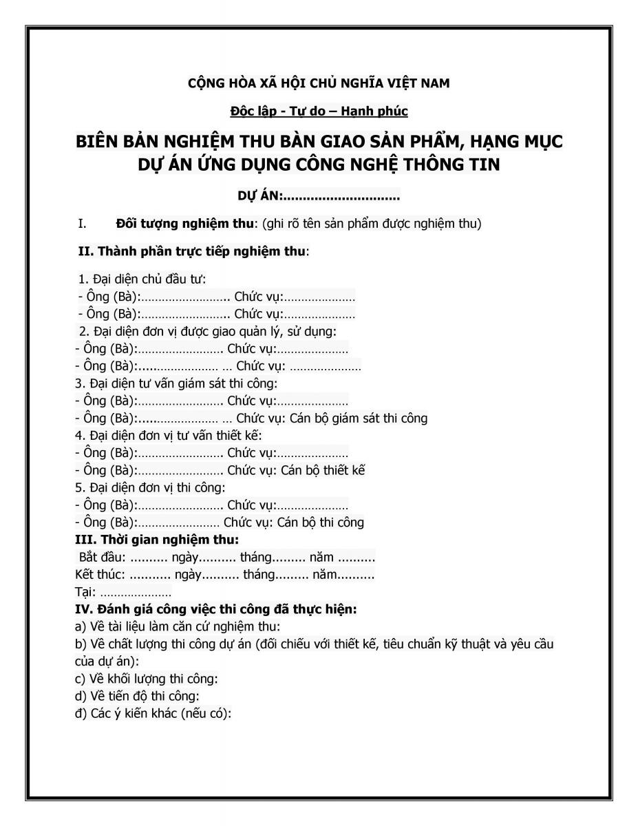 Mẫu bi&ecirc;n bản nghiệm thu b&agrave;n giao