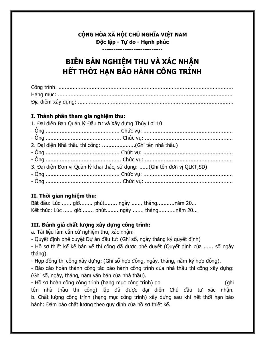 Bi&ecirc;n bản nghiệm thu bảo h&agrave;nh c&ocirc;ng tr&igrave;nh&nbsp;