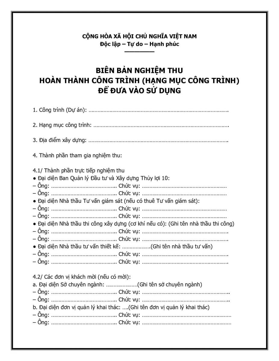 Bi&ecirc;n bản nghiệm thu c&ocirc;ng tr&igrave;nh ho&agrave;n th&agrave;nh đưa v&agrave;o sử dụng
