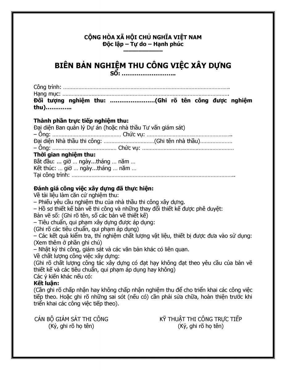 Mẫu bi&ecirc;n bản nghiệm thu c&ocirc;ng việc 