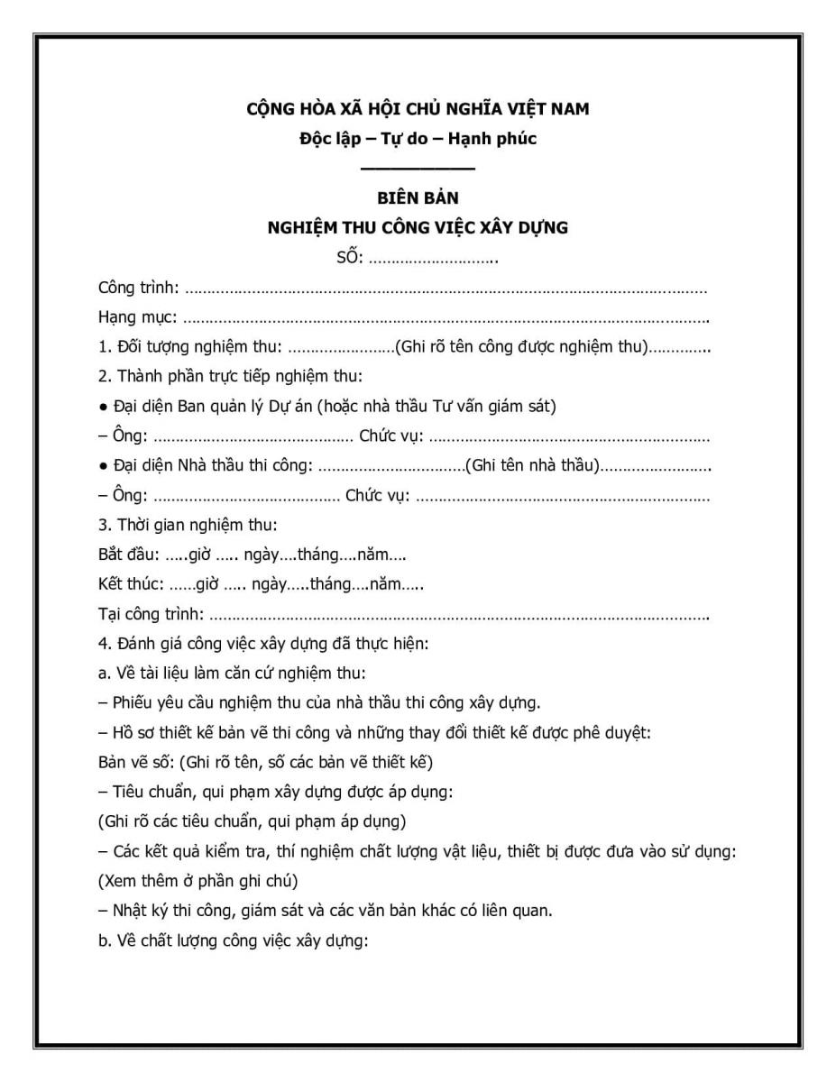 Bi&ecirc;n bản nghiệm thu ho&agrave;n th&agrave;nh c&ocirc;ng tr&igrave;nh
