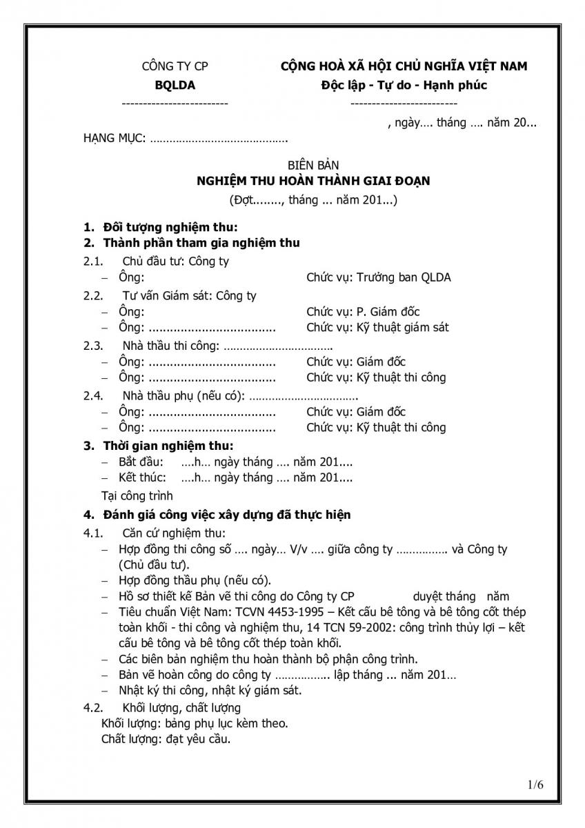 Mẫu bi&ecirc;n bản nghiệm thu khối lượng 