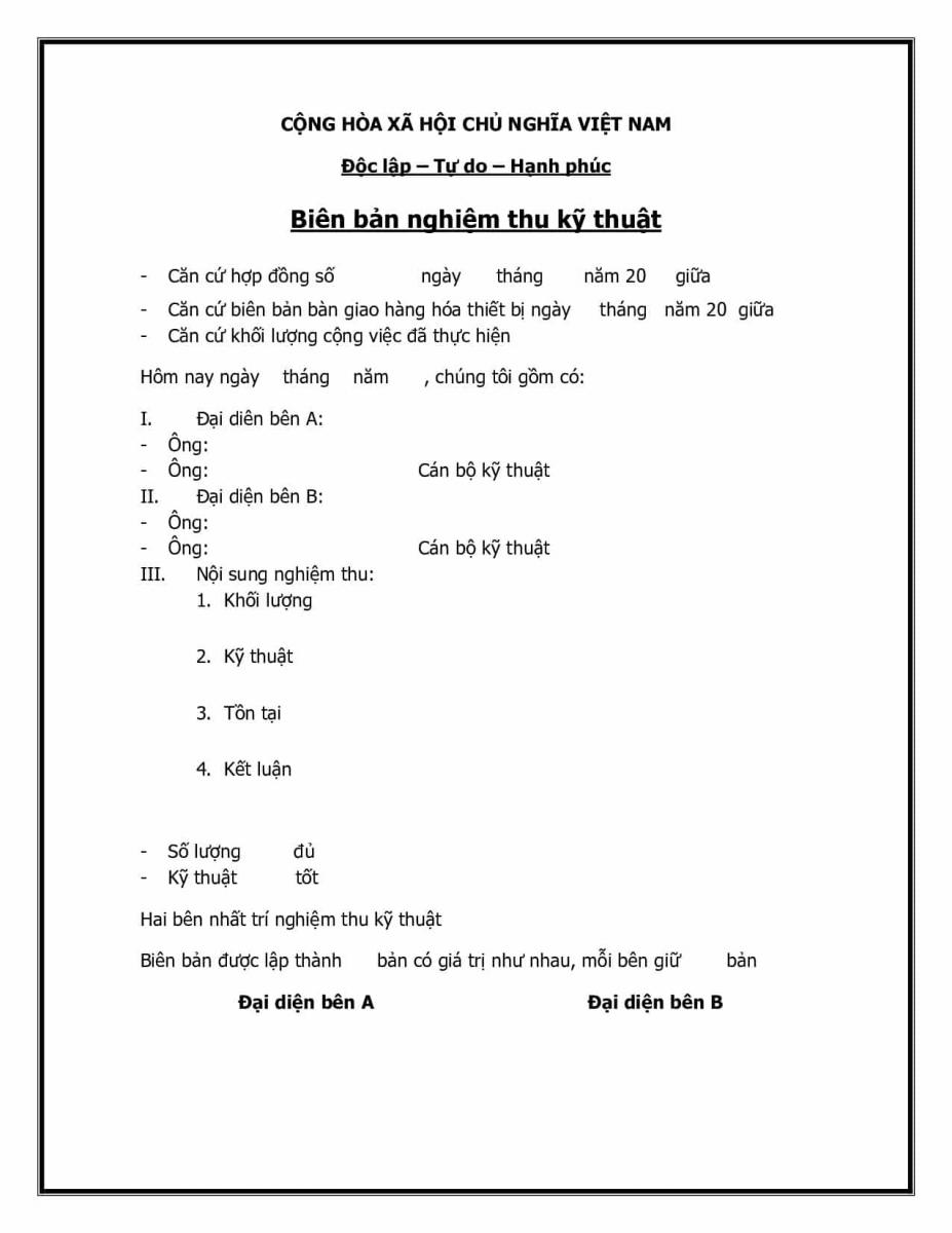 Mẫu bi&ecirc;n bản nghiệm thu kỹ thuật 
