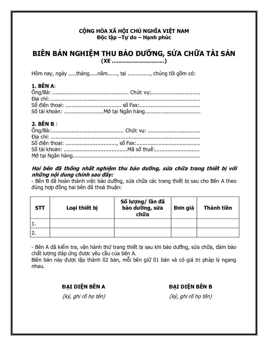 Mẫu bi&ecirc;n bản nghiệm thu sửa chữa xe &ocirc; t&ocirc; 