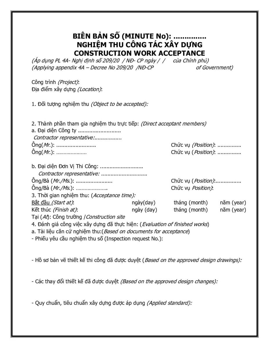 Mẫu bi&ecirc;n bản nghiệm thu tiếng anh 