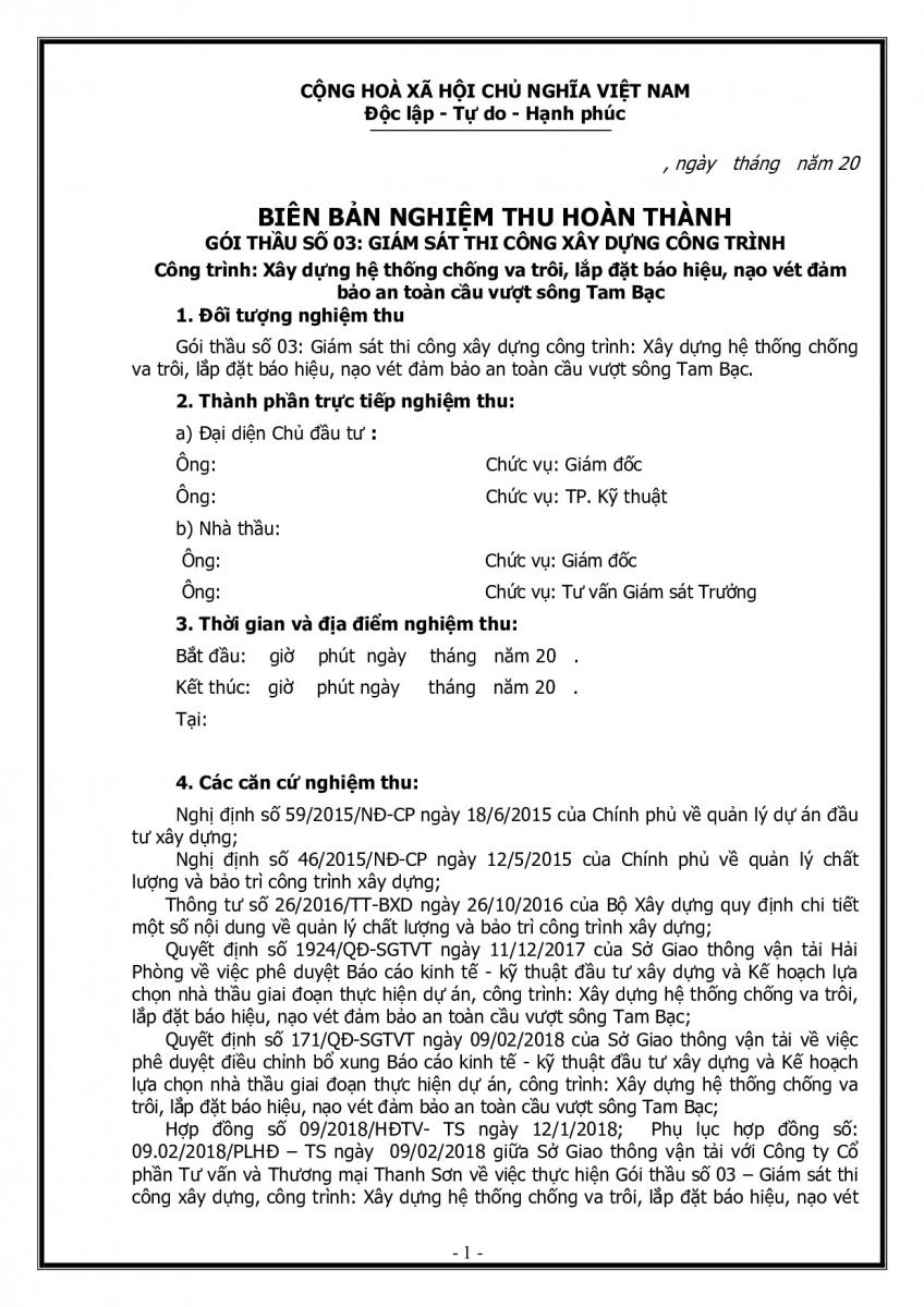 Mẫu bi&ecirc;n bản nghiệm thu tư vấn gi&aacute;m s&aacute;t