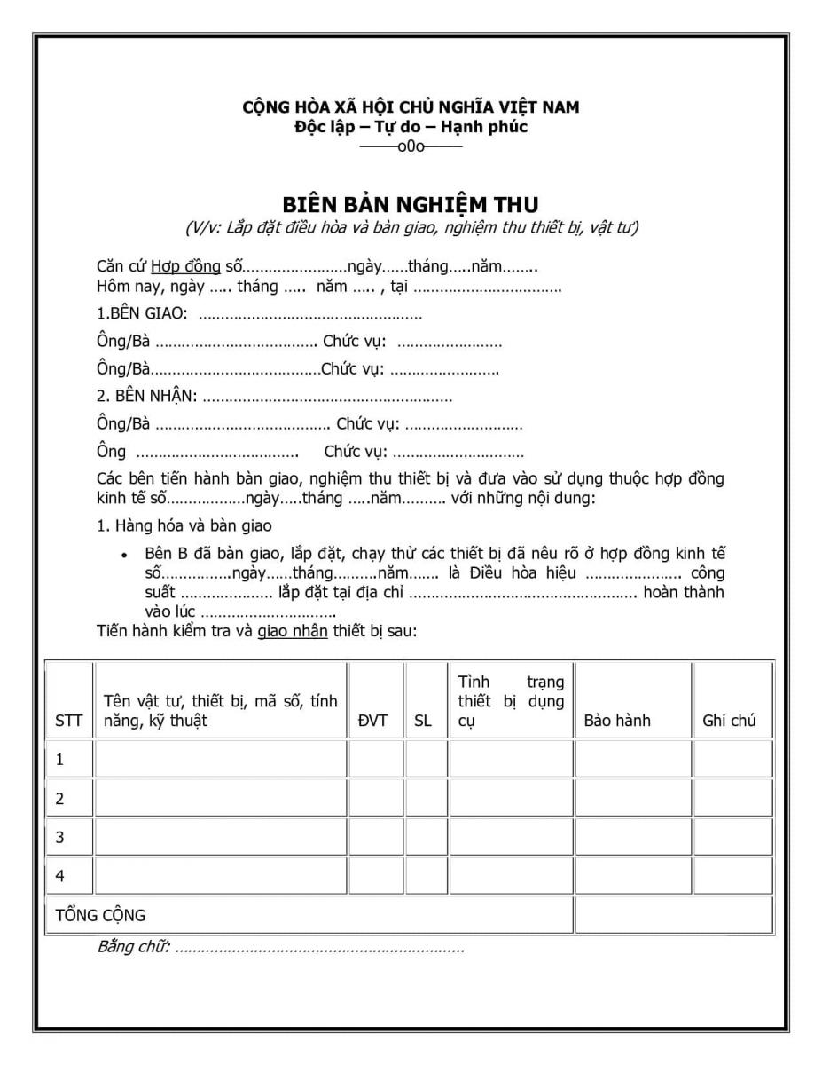 Mẫu bi&ecirc;n bản nghiệm thu lắp đặt thiết bị 