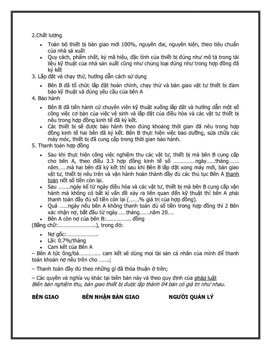 Mẫu bi&ecirc;n bản nghiệm thu lắp đặt thiết bị 