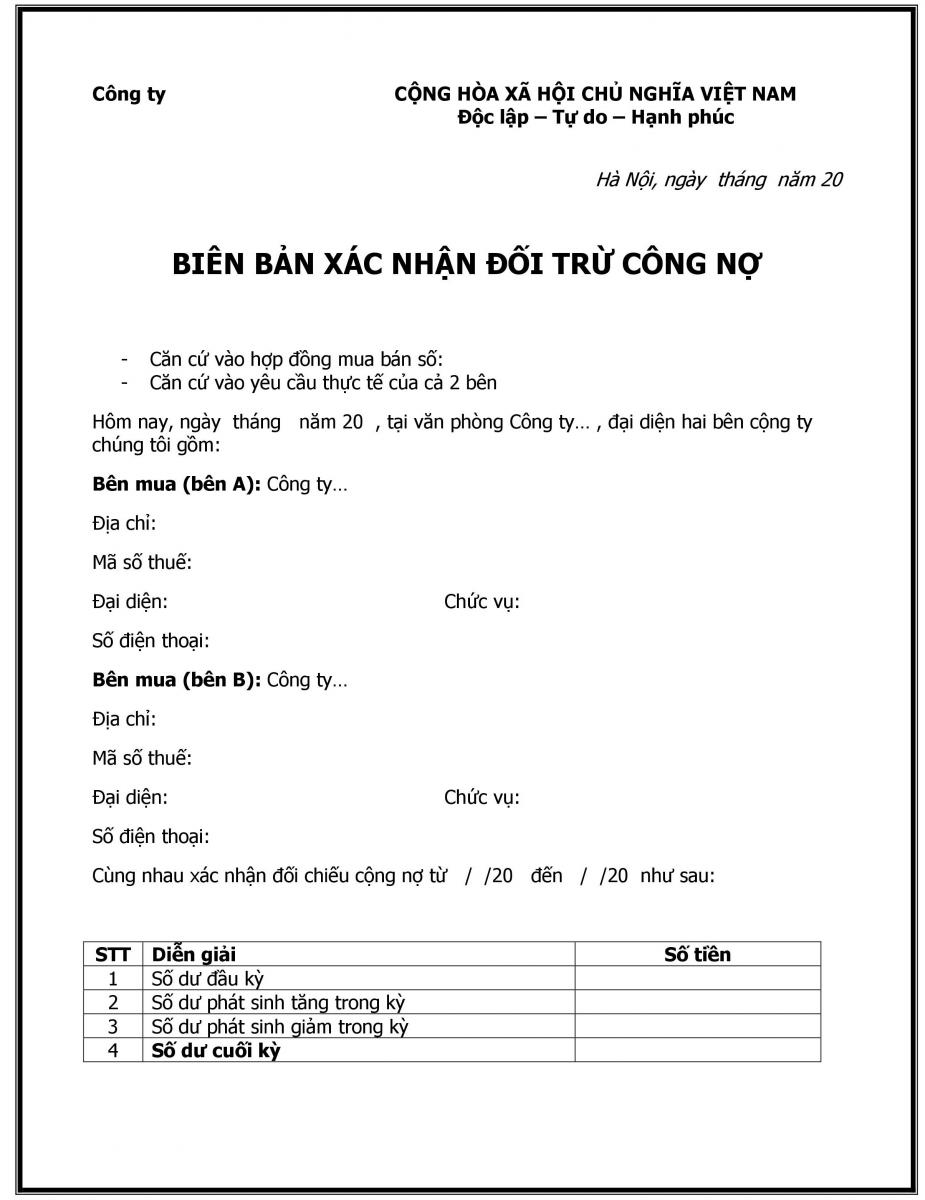 Bi&ecirc;n bản x&aacute;c nhận đối trừ c&ocirc;ng nợ 