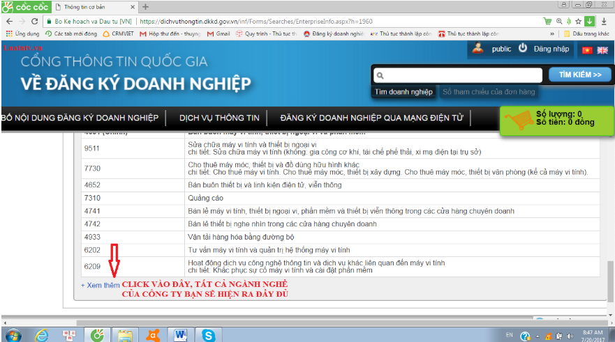 Tra cứu ng&agrave;nh nghề kinh doanh bước 3