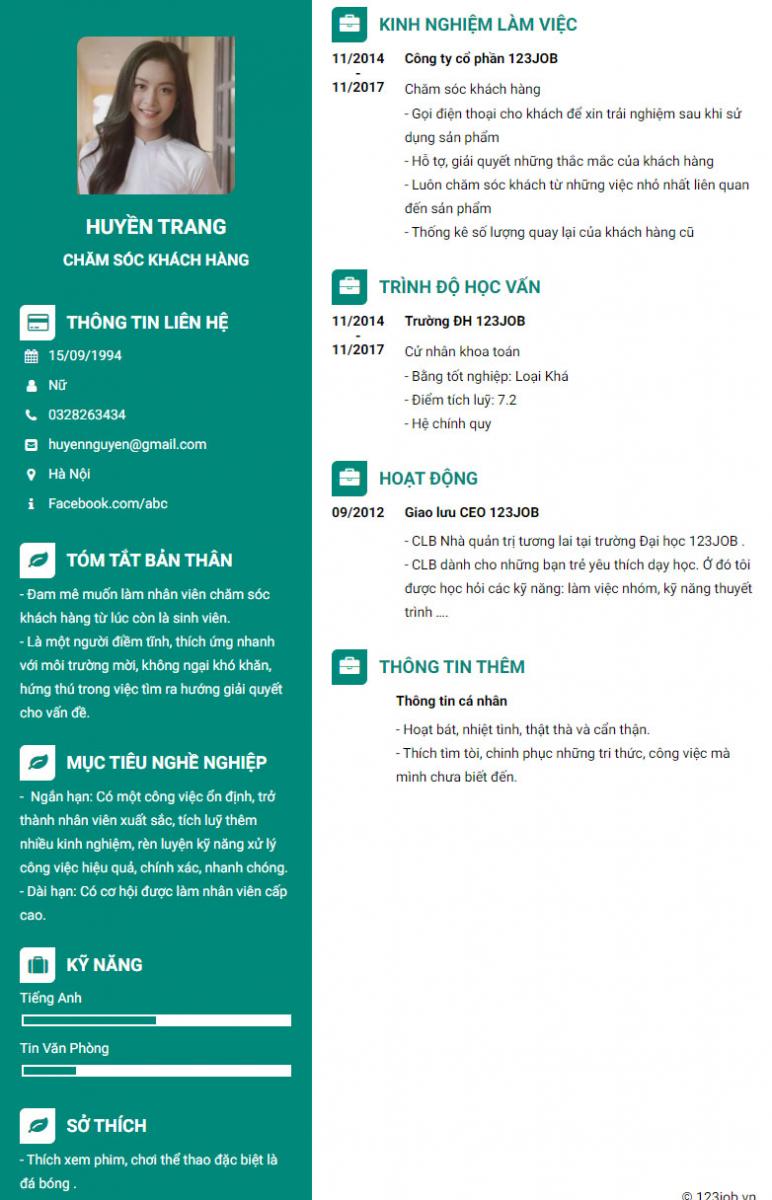 Mẫu cv chăm s&oacute;c kh&aacute;ch h&agrave;ng