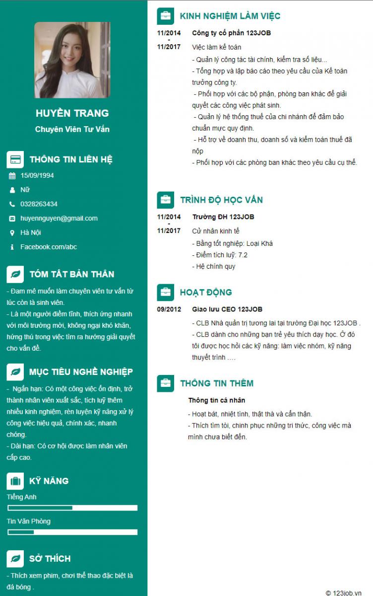 Mẫu cv chuy&ecirc;n vi&ecirc;n tư vấn