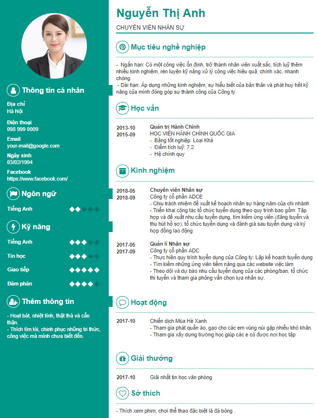 Mẫu CV ng&agrave;nh nh&acirc;n sự