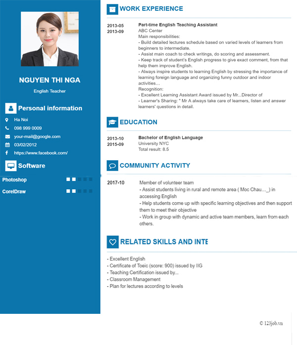 Mẫu CV trợ giảng tiếng anh gợi &yacute;