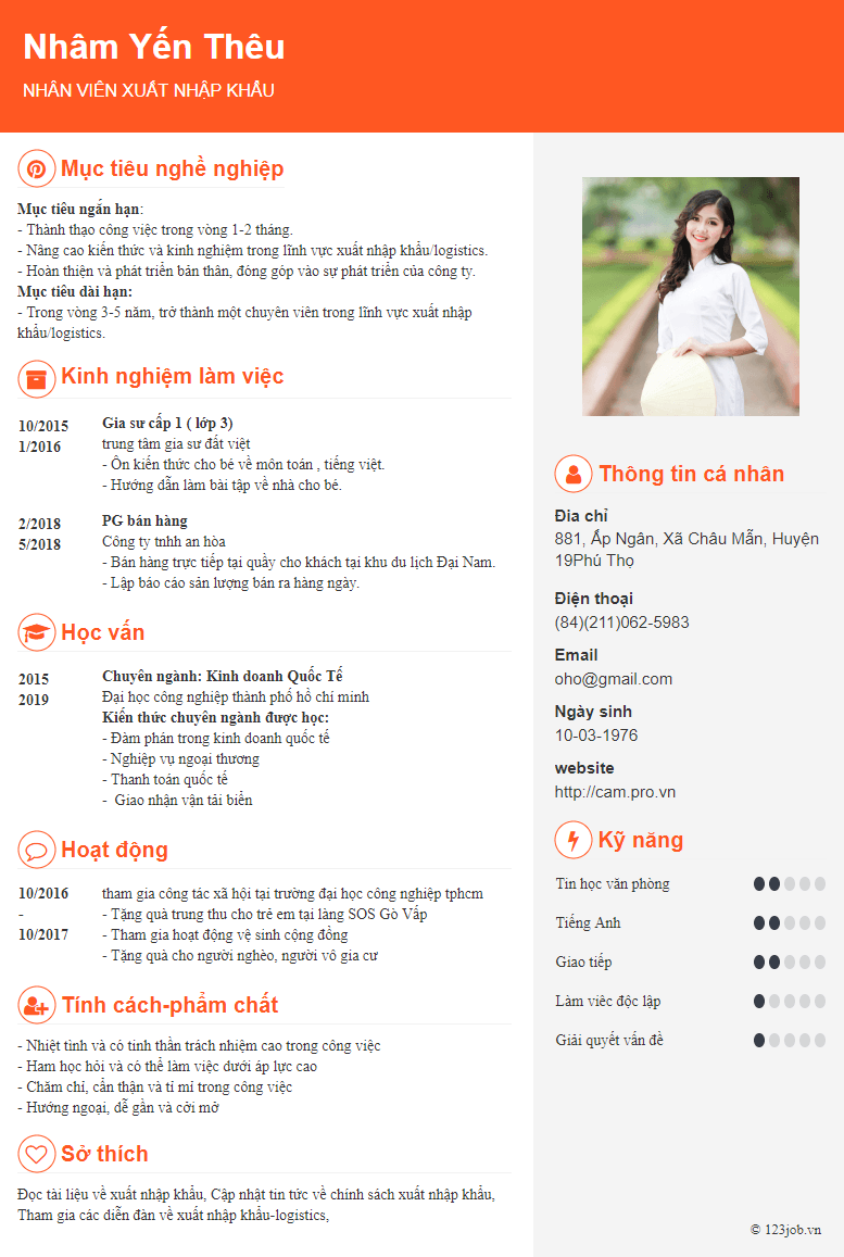 mẫu cv nh&acirc;n vi&ecirc;n xuất nhập khẩu