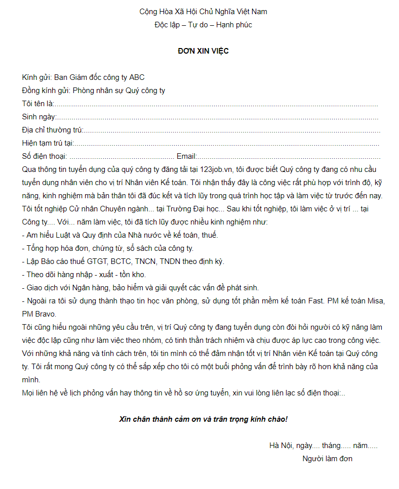 đơn xin việc file word