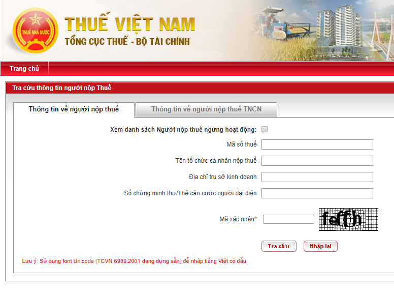 Điền các thông tin để tra cứu thông tin người nộp thuế