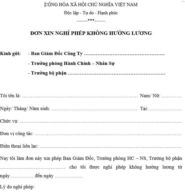 Đơn xin nghỉ phép không lương
