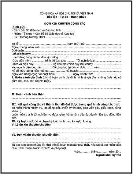 Đơn xin chuyển công tác cho giáo viên