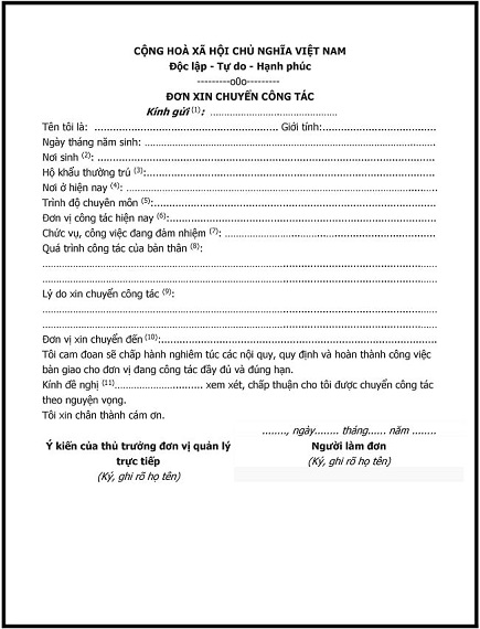 Đơn xin chuyển công tác cho công chức