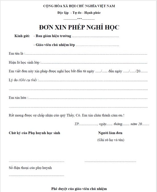 Mẫu đơn xin nghỉ học