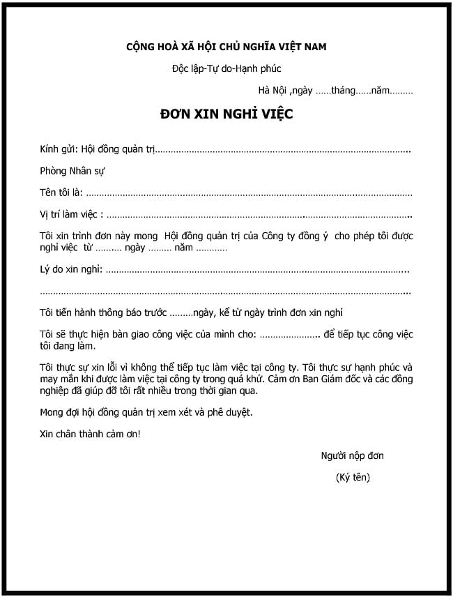 Mẫu đơn xin nghỉ việc đầy đủ