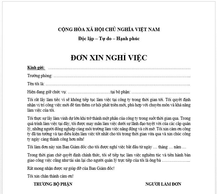 đơn xin nghỉ việc