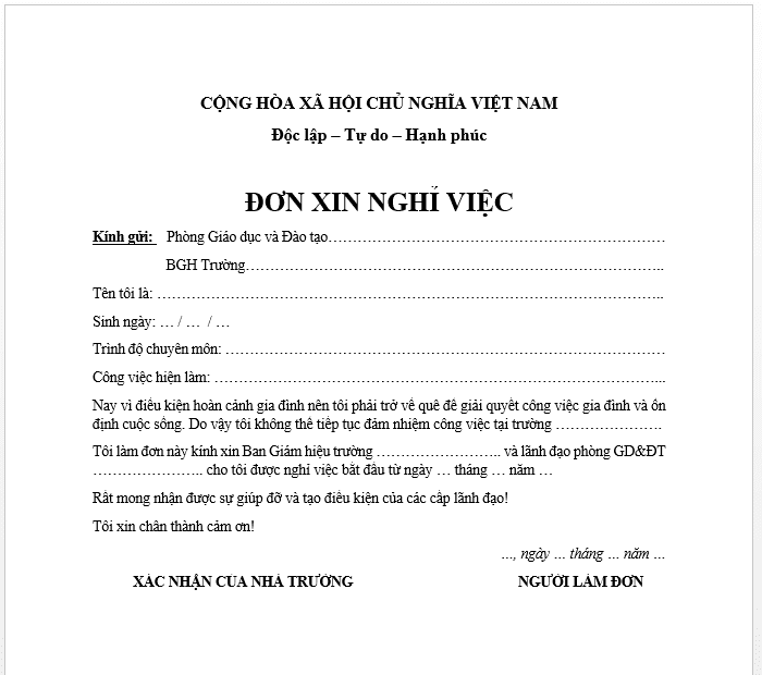 đơn xin nghỉ việc