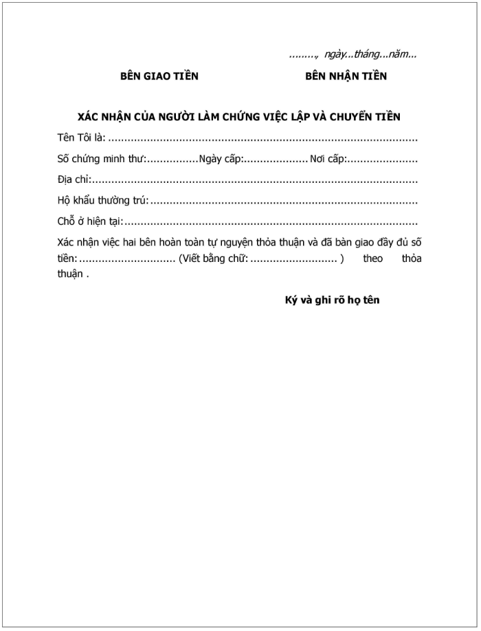 Giấy bi&ecirc;n nhận tiền mặt