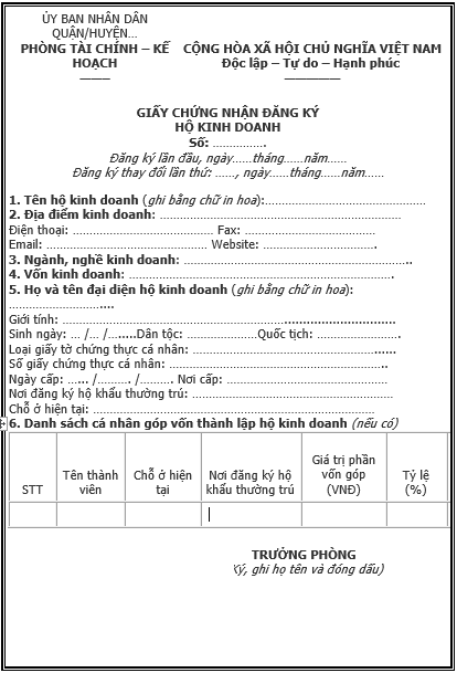 giấy chứng nhận đăng k&yacute; hộ kinh doanh