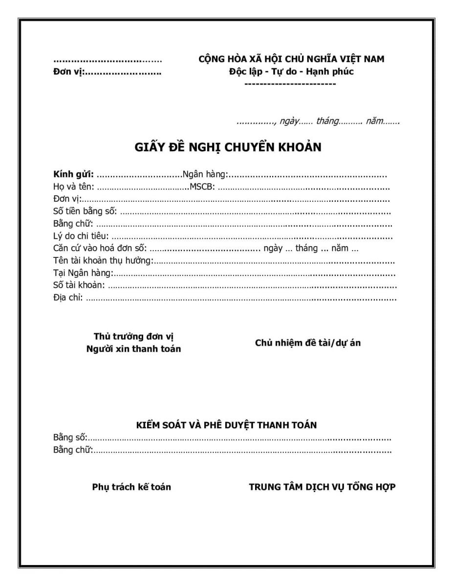 Mẫu giấy đề nghị thanh toán chuyển khoản
