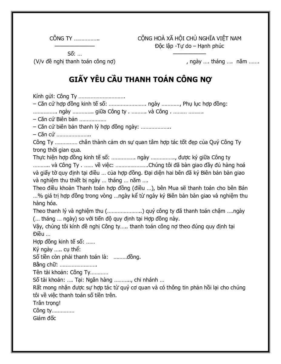 Mẫu giấy đề nghị thanh toán công nợ