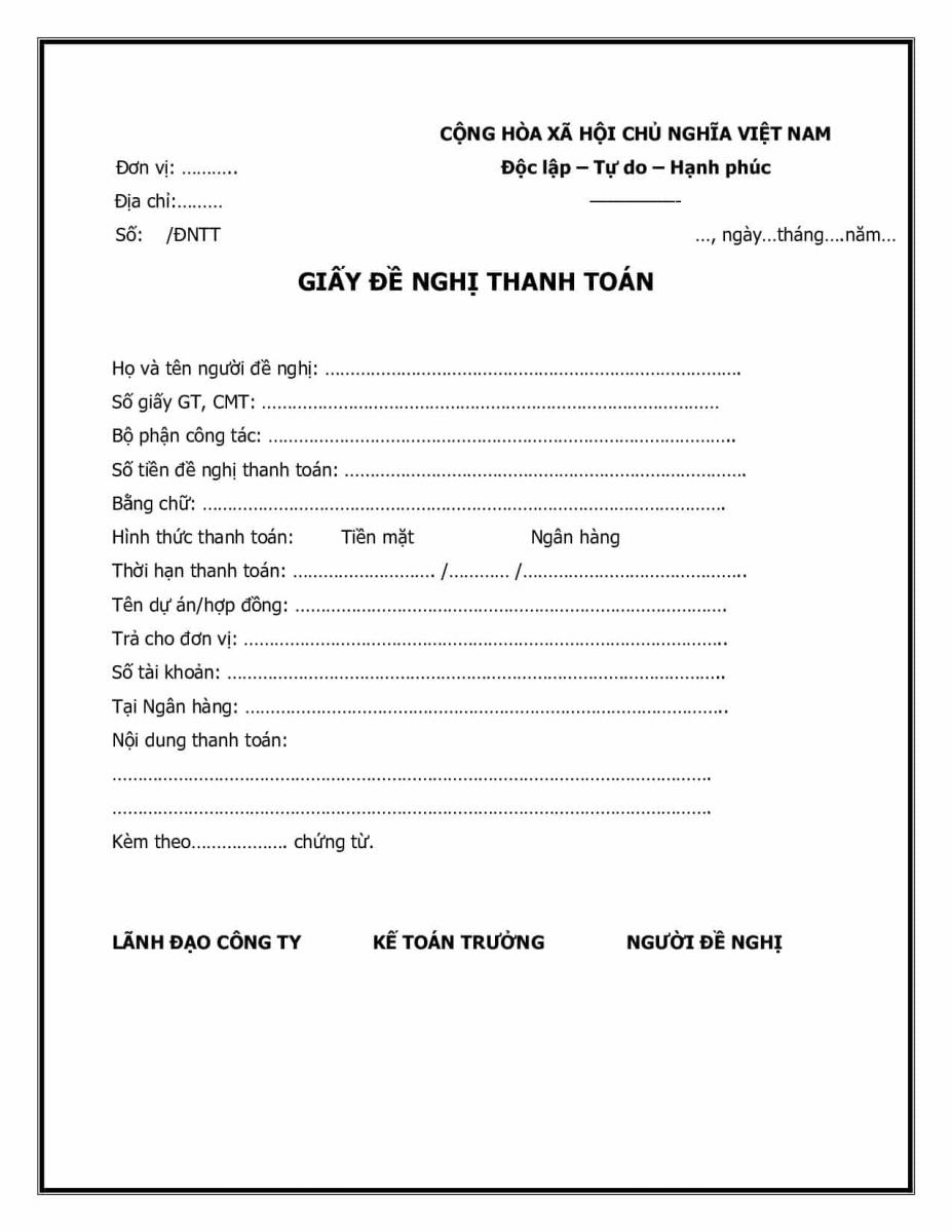 Mẫu giấy đề nghị thanh toán hợp đồng