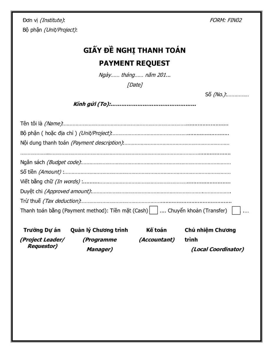 Mẫu giấy đề nghị thanh toán song ngữ