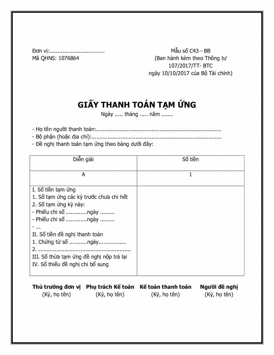 Mẫu giấy đề nghị thanh toán theo TT107