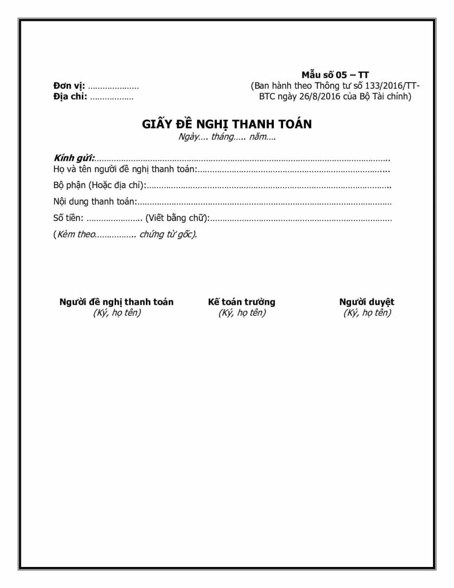 Mẫu giấy đề nghị thanh toán theo TT133