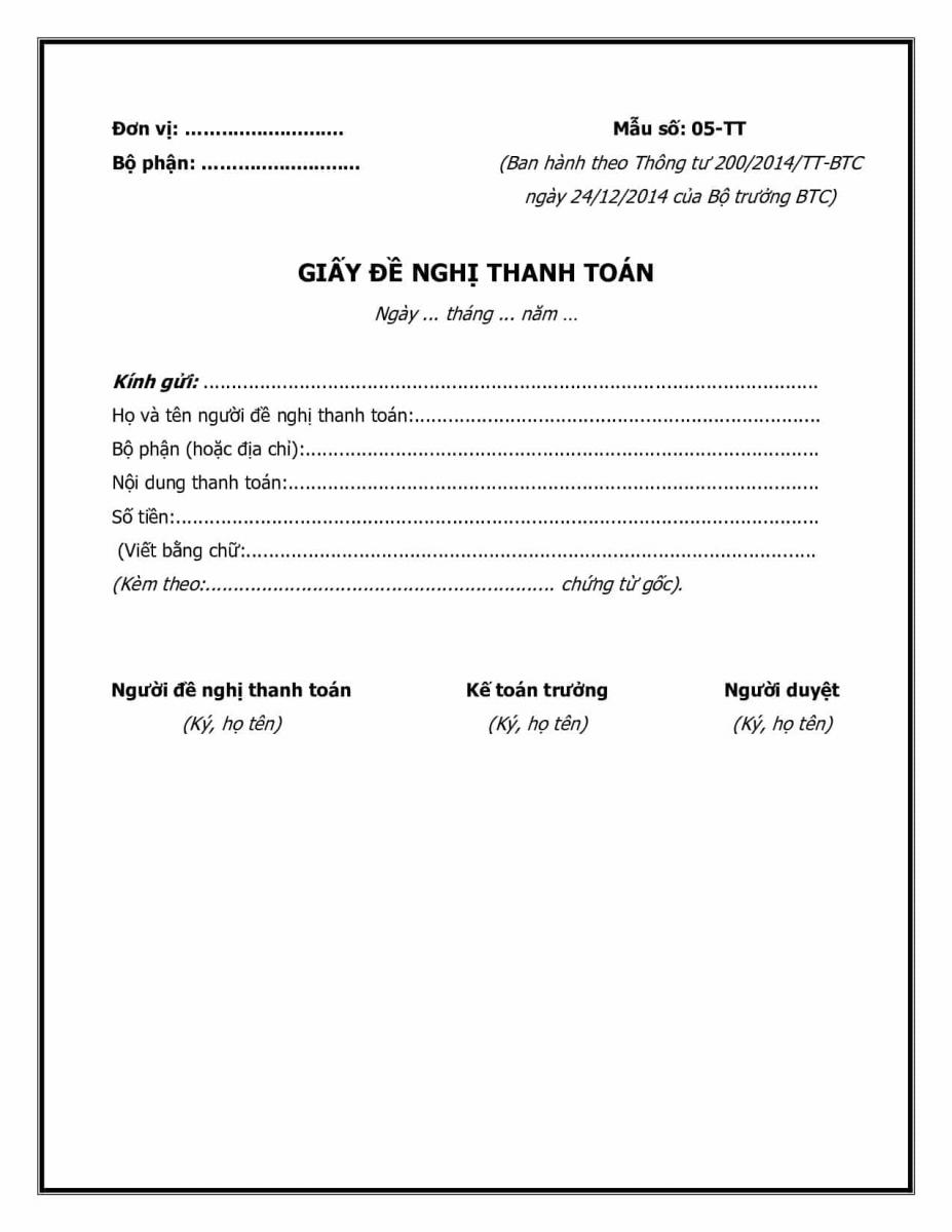 Mẫu giấy đề nghị thanh toán theo TT200