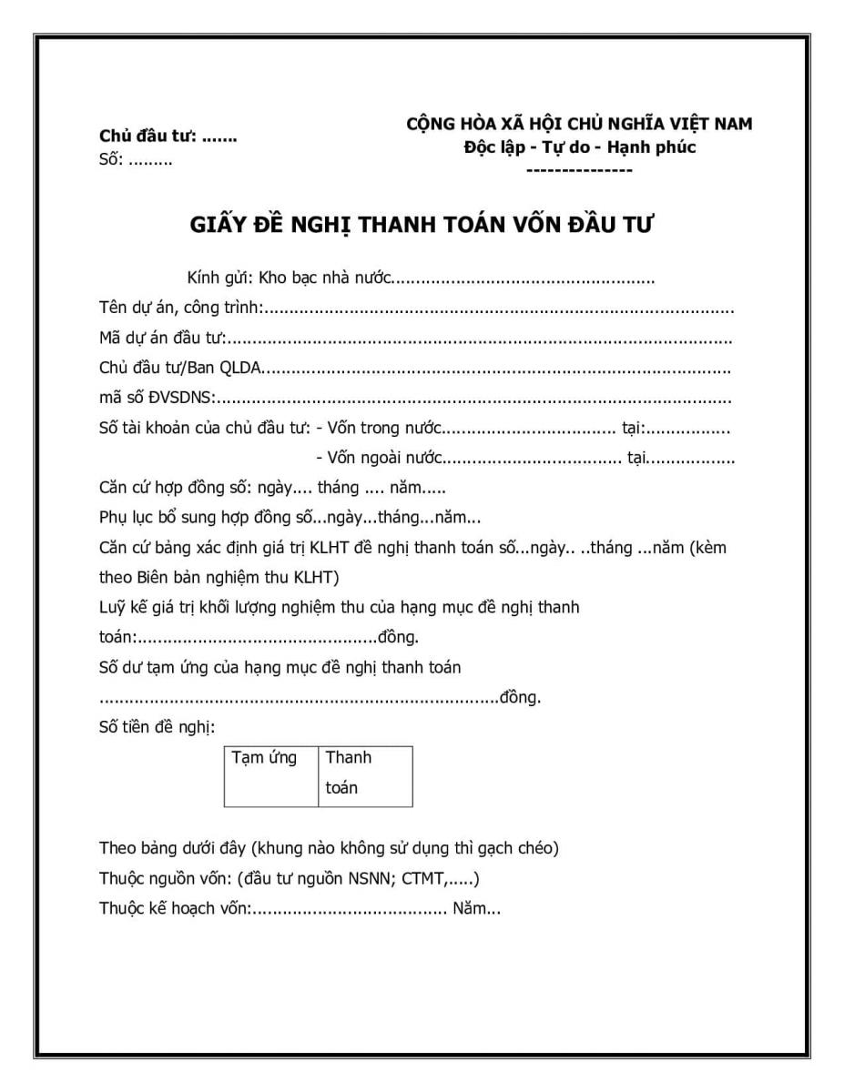 Mẫu giấy đề nghị thanh toán vốn đầu tư